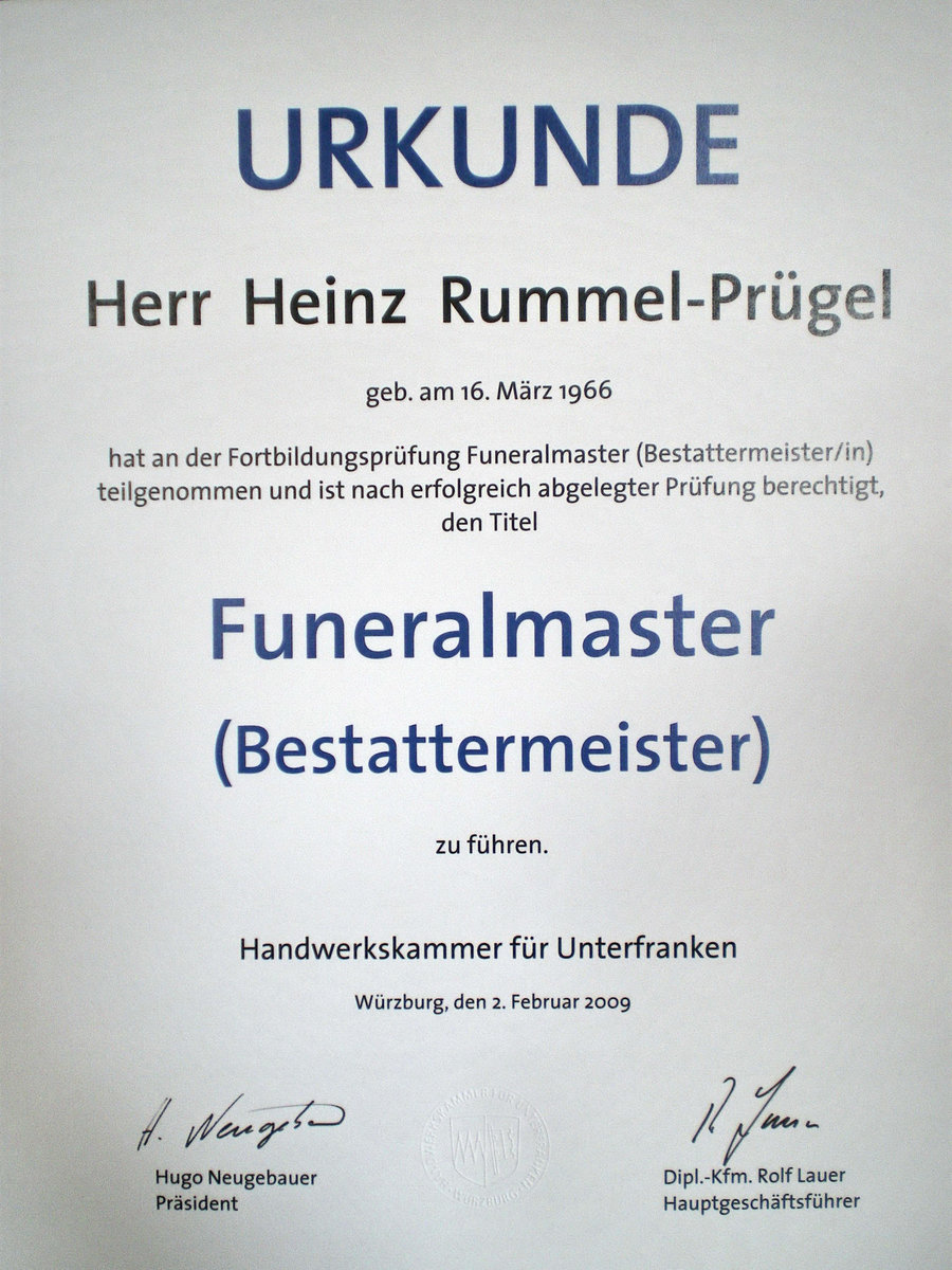 Urkunde Heinz Rummel-Prügel „Funeralmaster (Bestattermeister)“
